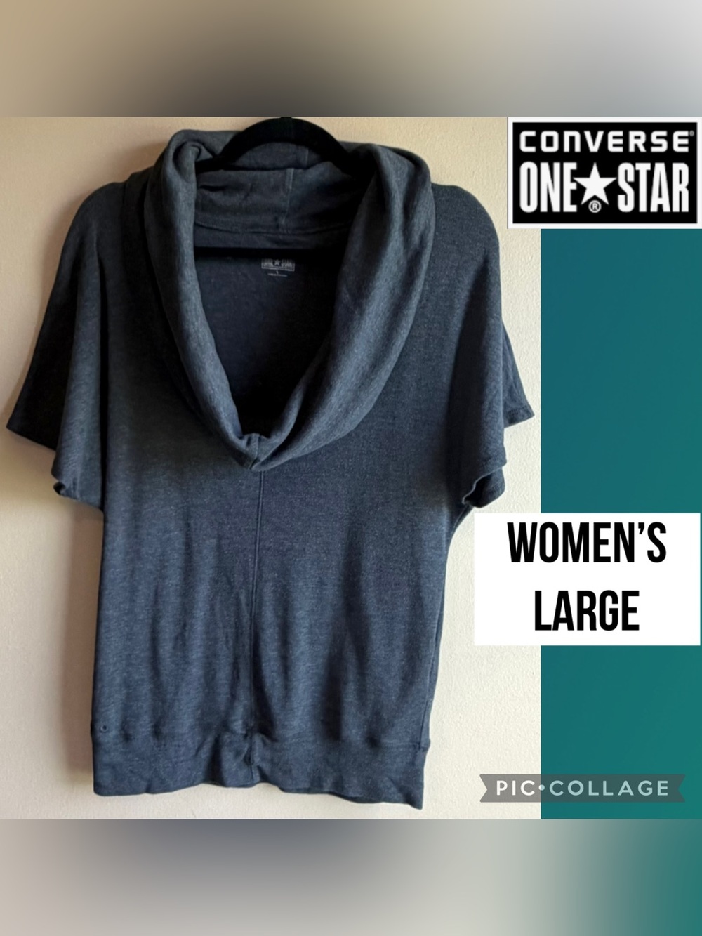 Converse One Star x Target Womens Top Cowl Neck Dark Gray Short Sleeve Dolman L